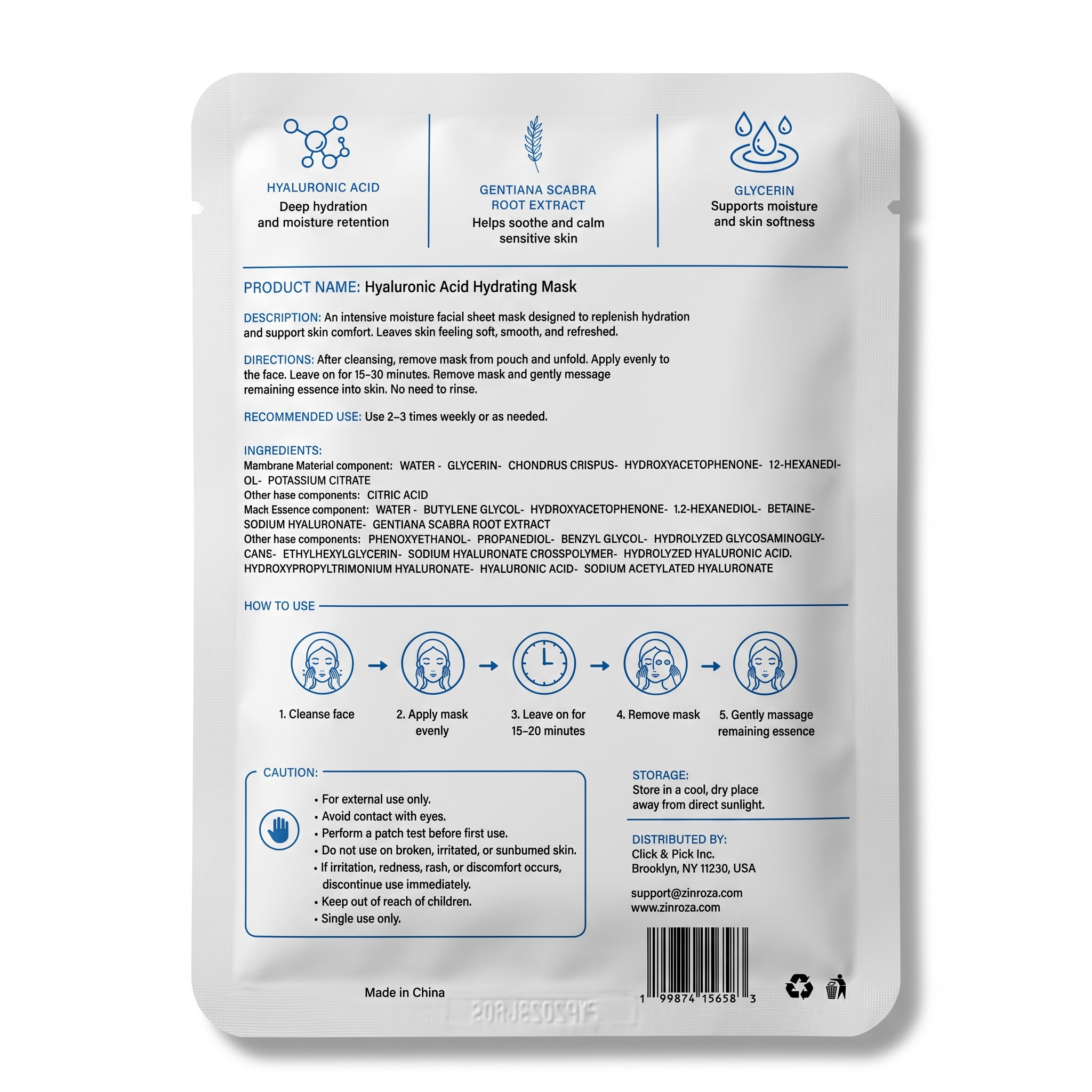 ZINROZA Hyaluronic Acid Hydrating Mask