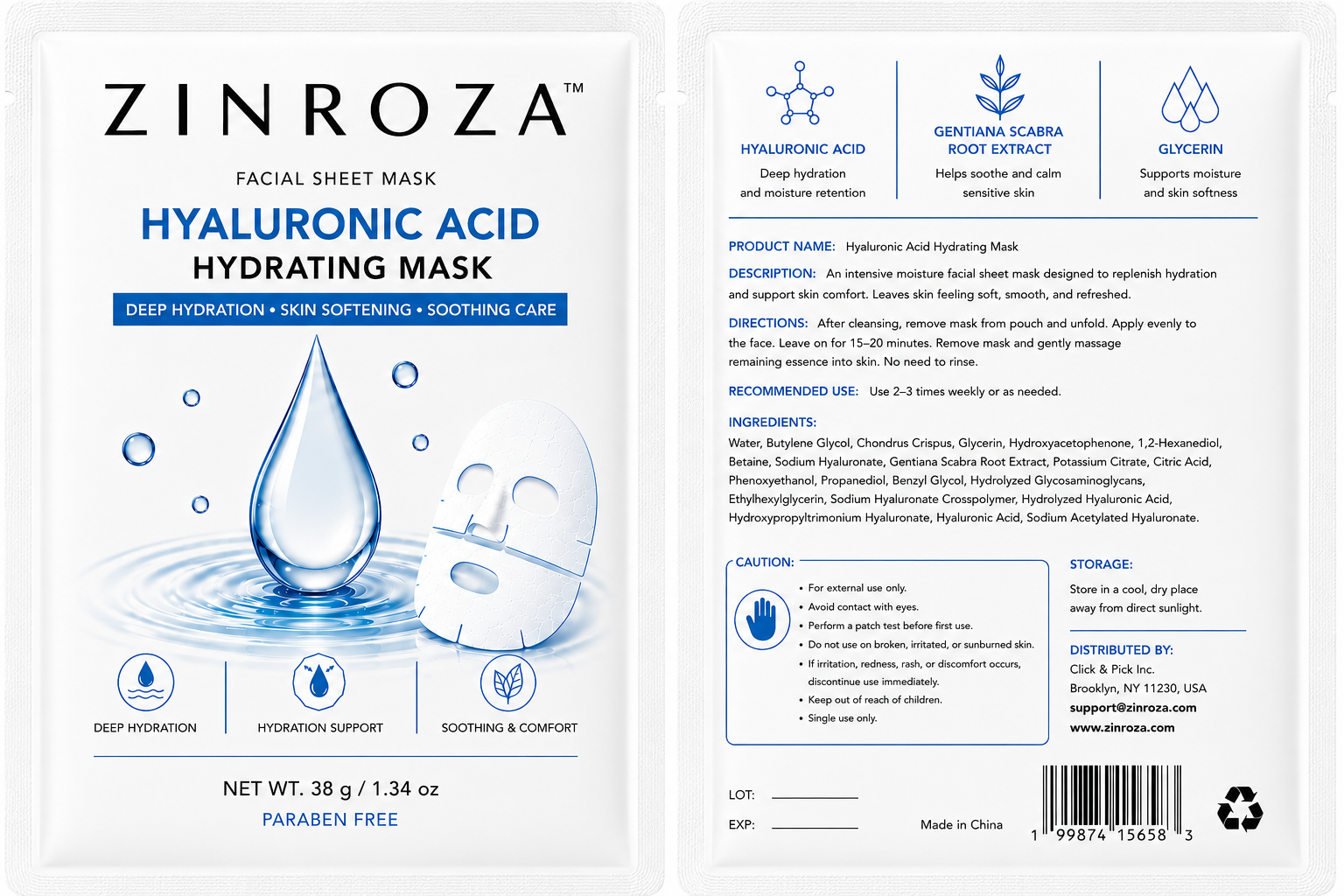 ZINROZA Hyaluronic Acid Hydrating Mask – Coming Soon